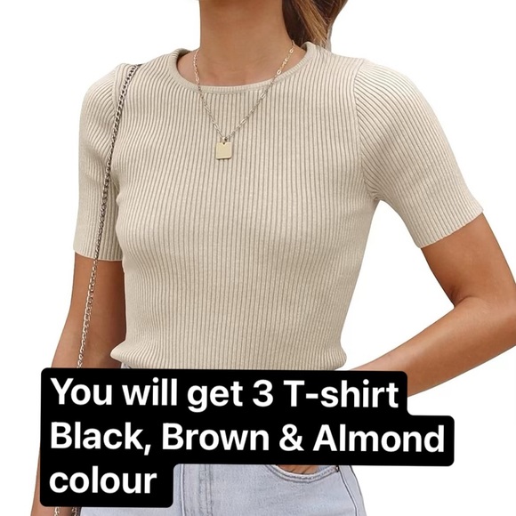 Brand New Women's Short Sleeve Crewneck T Shirt 2024 Summer Ribbed Knit - Picture 1 of 7